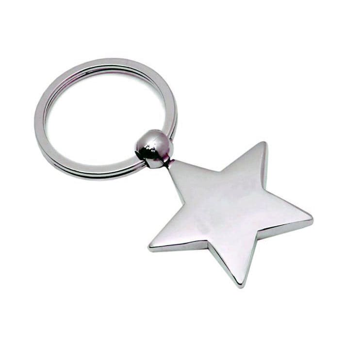 A silver metal keyring featuring a star-shaped pendant and a round attachment loop.