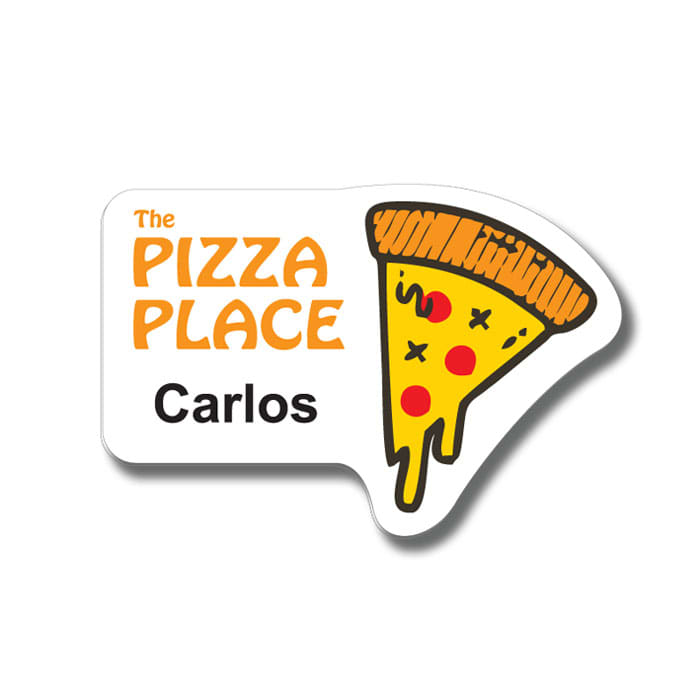 A plastic badge featuring a cartoon pizza slice and the text "The Pizza Place" in orange, with a white background.