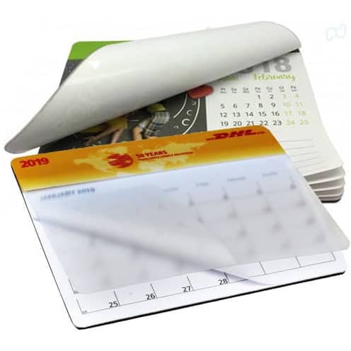 A clear calendar mouse mat featuring a glossy surface, showcasing a calendar design in green and orange.