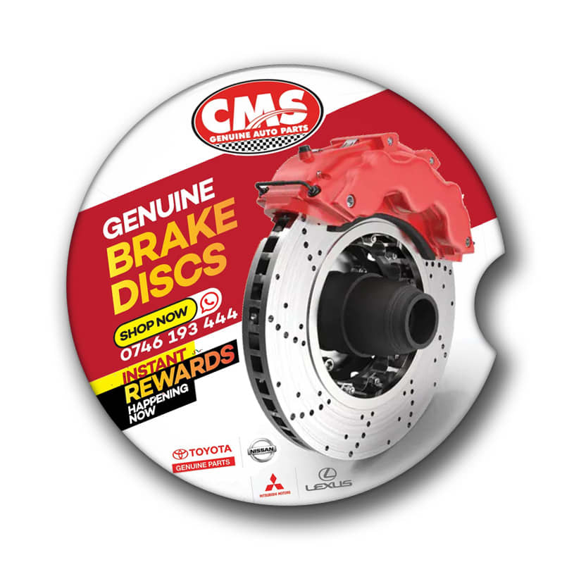 A round promotional coaster featuring a red brake disc and black background, with a logo and graphic elements.