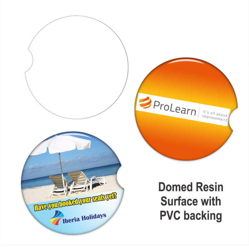 A set of three circular car cup coasters in various designs, featuring bright colours and a glossy finish.