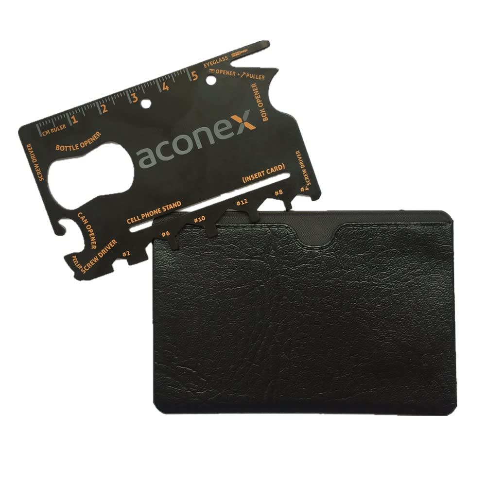A black cardholder with a black multi-tool featuring various functions, including a bottle opener and ruler.