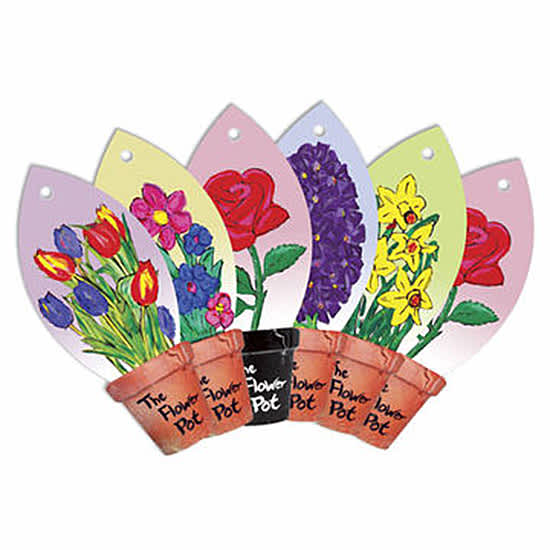 A set of colourful car air fresheners shaped like flower pots, featuring various floral designs in vibrant hues.