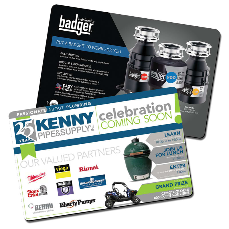 A colourful promotional counter mat featuring images of plumbing products and brands, with a sleek, modern design.