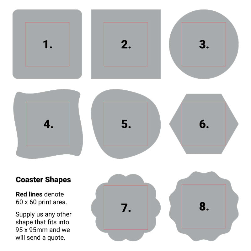 Eight coasters in various shapes, including square, rounded, and scalloped, all displayed in grey with red outline indicators.