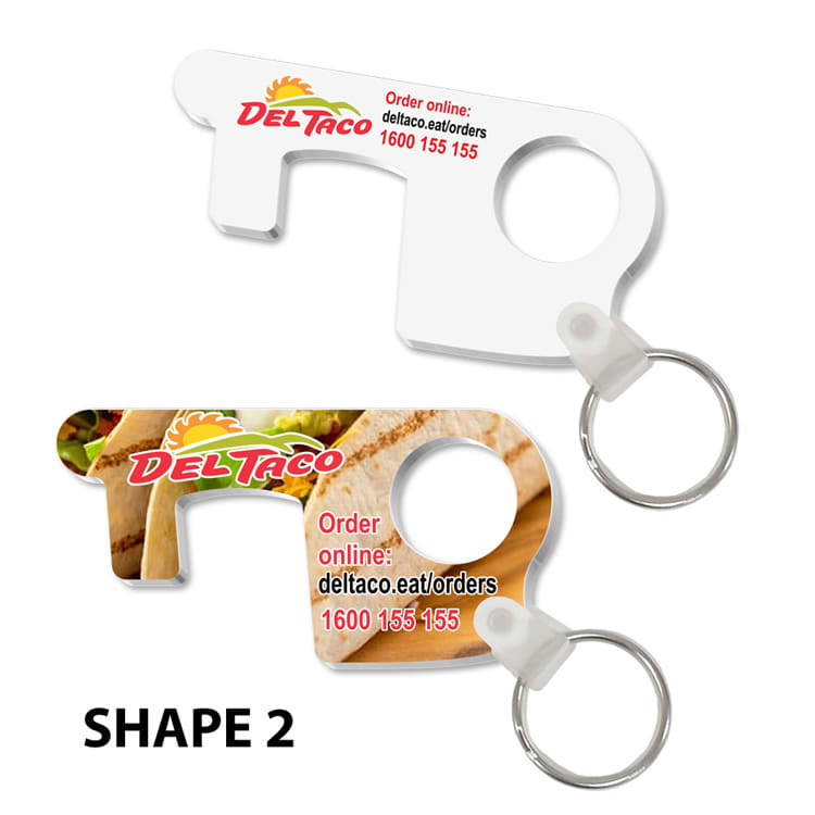 A white keyring tool in a unique shape, featuring a round cutout and a keychain attachment. It has a logo and design elements.
