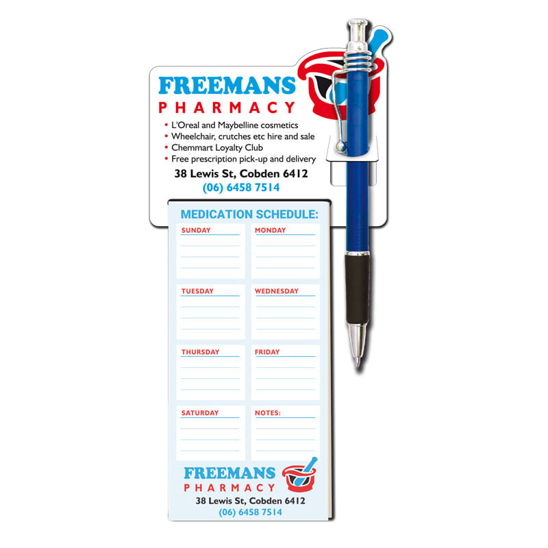A promotional pad with a blue pen, featuring a medication schedule with a pharmacy logo.