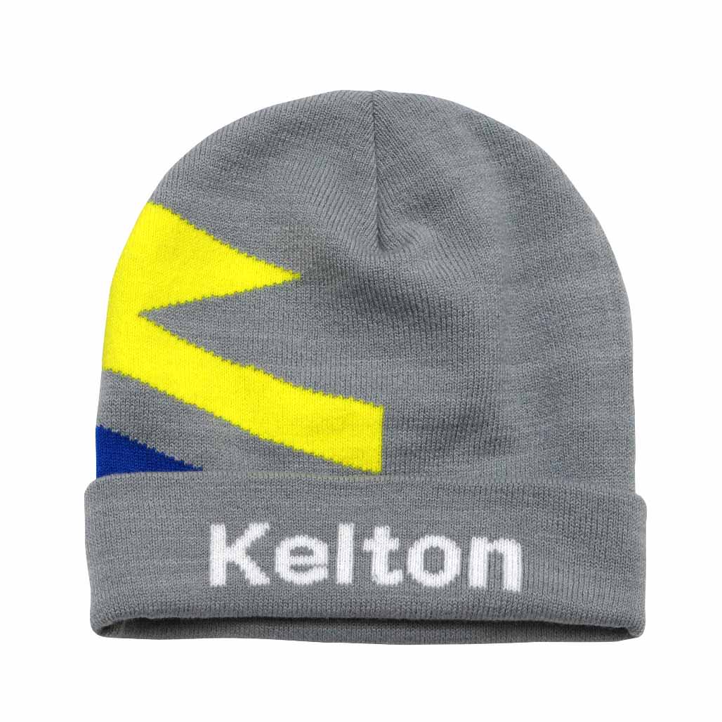 A grey knitted beanie featuring a yellow and blue design with a white logo on the front.