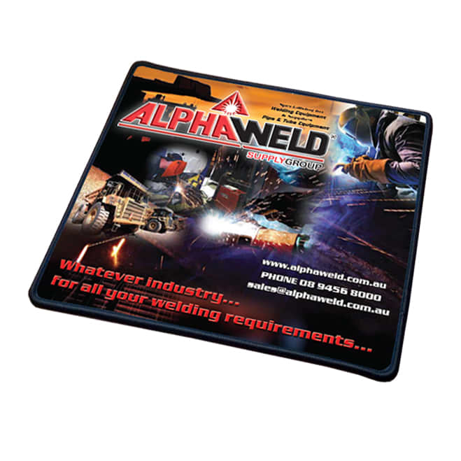 A mousepad featuring a dark background with a colourful design and a logo, showcasing various welding images.