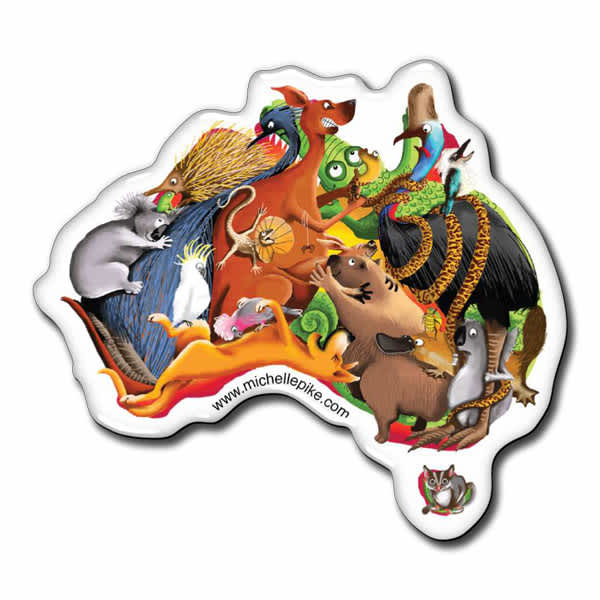 A colourful domed fridge magnet shaped like Australia featuring various Australian animals in a playful arrangement.