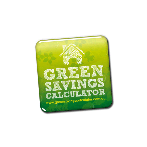 A square domed fridge magnet in shades of green featuring a house graphic and a logo.