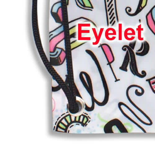 A drawstring bag featuring a multicoloured pattern and black drawstrings, with an eyelet detail.