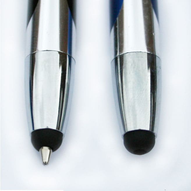 A Duo Stylus Pen featuring a sleek silver and blue design, with a ballpoint tip and a stylus tip at each end.