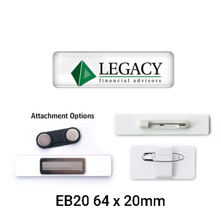 An assortment of epoxy name badges in different styles, featuring a logo, in white and black colours.