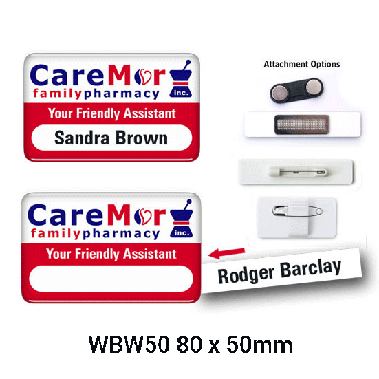 Epoxy name badges displayed in various attachment styles, featuring vibrant colours and logo branding.