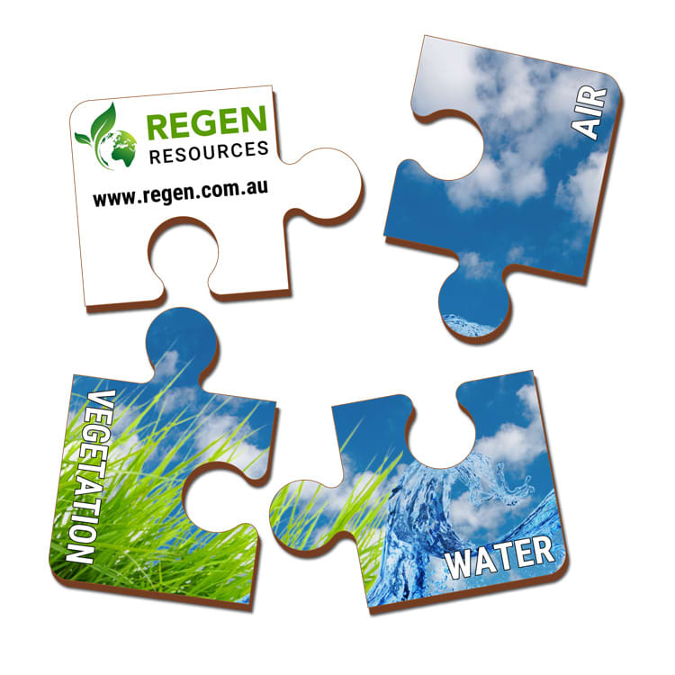 Four eco-friendly MDF puzzle coasters featuring vibrant images of water, air, and vegetation with a logo.