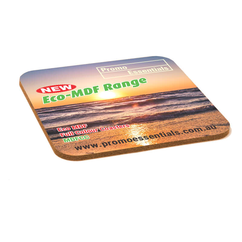 An Eco MDF coaster featuring a full-colour beach scene with sunset hues and a logo.