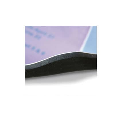 A close-up of a mouse mat with a textured surface and a black edge. The background features a blue and purple design.