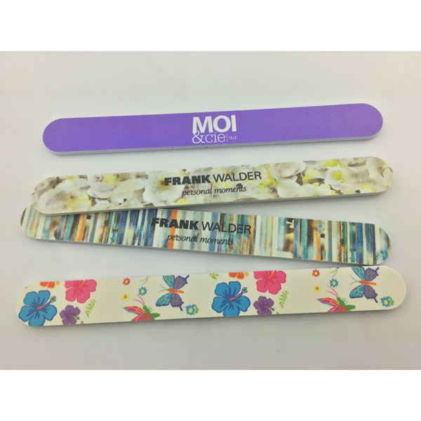 A collection of four emery nail files featuring floral and butterfly designs, with a purple branded file at the top.