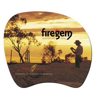A mouse mat featuring a landscape design with a silhouetted figure against a sunset backdrop, including a logo.