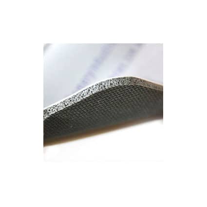 A grey mat with a textured surface and a thick border, featuring a slight curve at the edge.