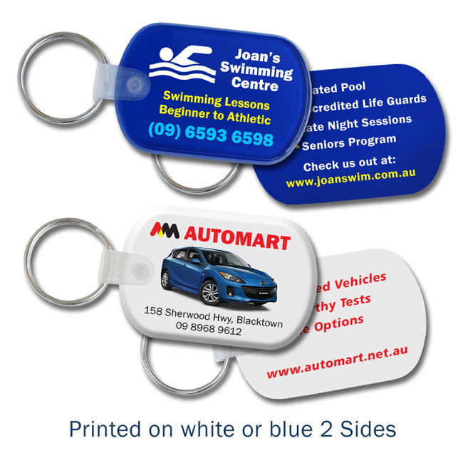 Two keychains on a ring, one blue with swimming graphics and the other white featuring a car. Both have logos.