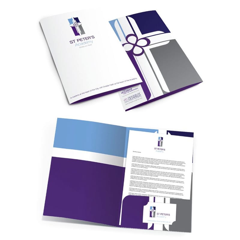 A4 presentation folder featuring a purple and blue design, with a logo and pockets for documents.
