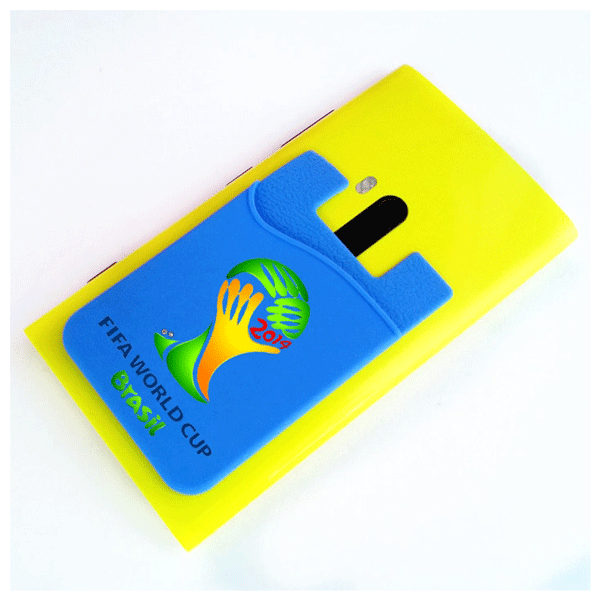 A yellow silicone mobile wallet with a blue design featuring a FIFA World Cup logo and branding.