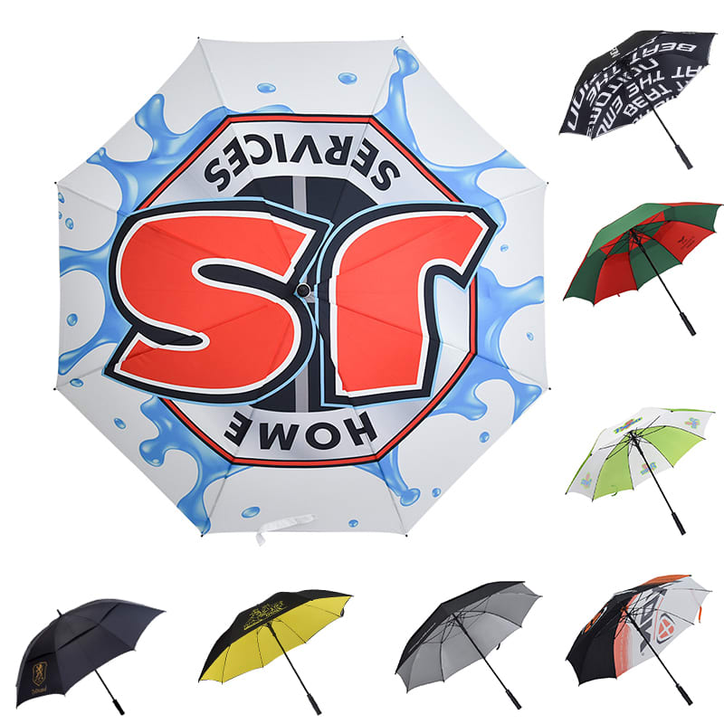A full colour umbrella featuring a vibrant design with shades of red, black, white, and other colours, alongside various other umbrellas.