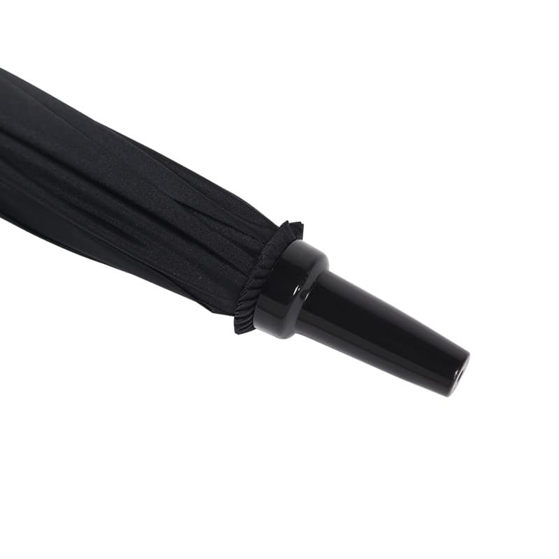 A black umbrella with a sleek handle, featuring a canopy that is neatly folded. It has a logo on the handle.