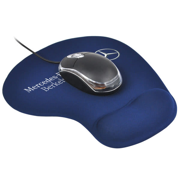 A navy gel wrist mouse mat featuring a smooth surface and a contoured wrist support. Includes a black mouse.
