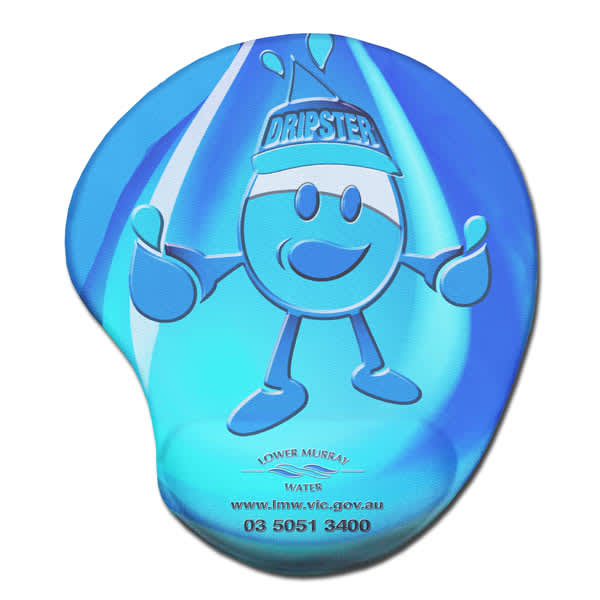A blue gel wrist mouse mat featuring a cartoon character with a smiling face and a hat, along with branding.