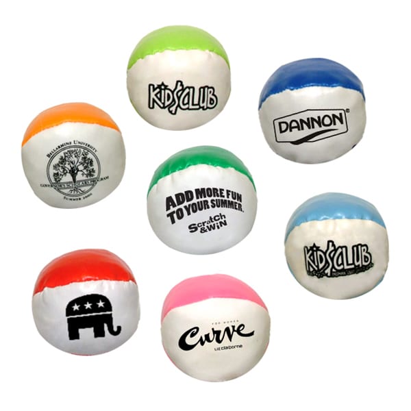 A collection of colourful hacky sacks in various designs, featuring multiple logos and bright colours like pink, blue, green, and white.