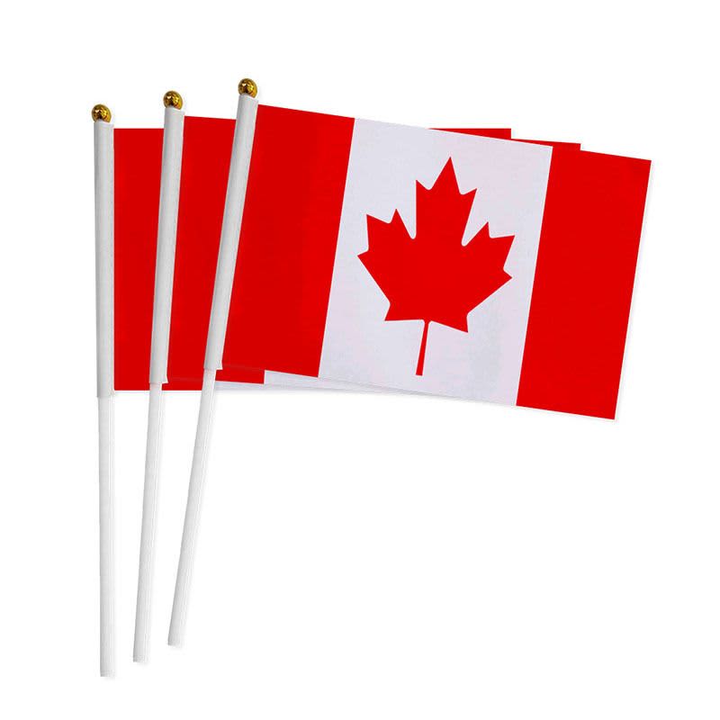 A set of three small Canadian flags, featuring red and white colours with a maple leaf design, mounted on white sticks.