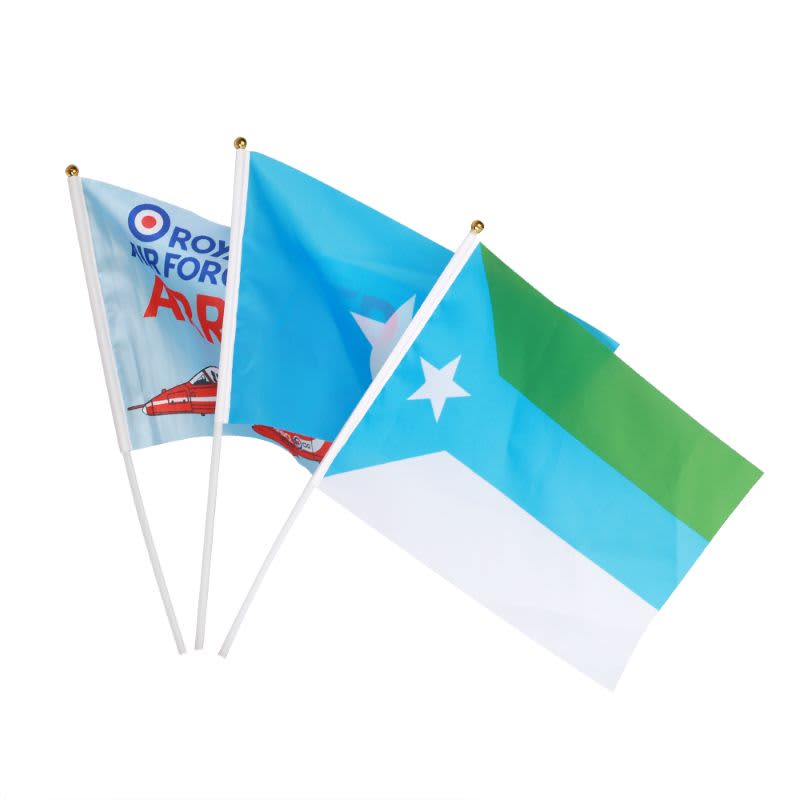 Three hand flags featuring blue, green, and white designs, with one flag displaying additional graphics. Includes branding.