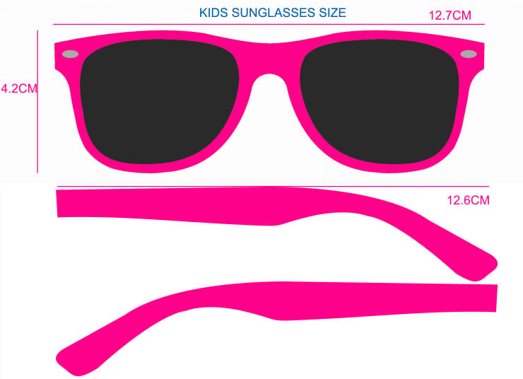 Bright pink kids' sunglasses with black lenses and measurements displayed above and below the product. Includes a logo.