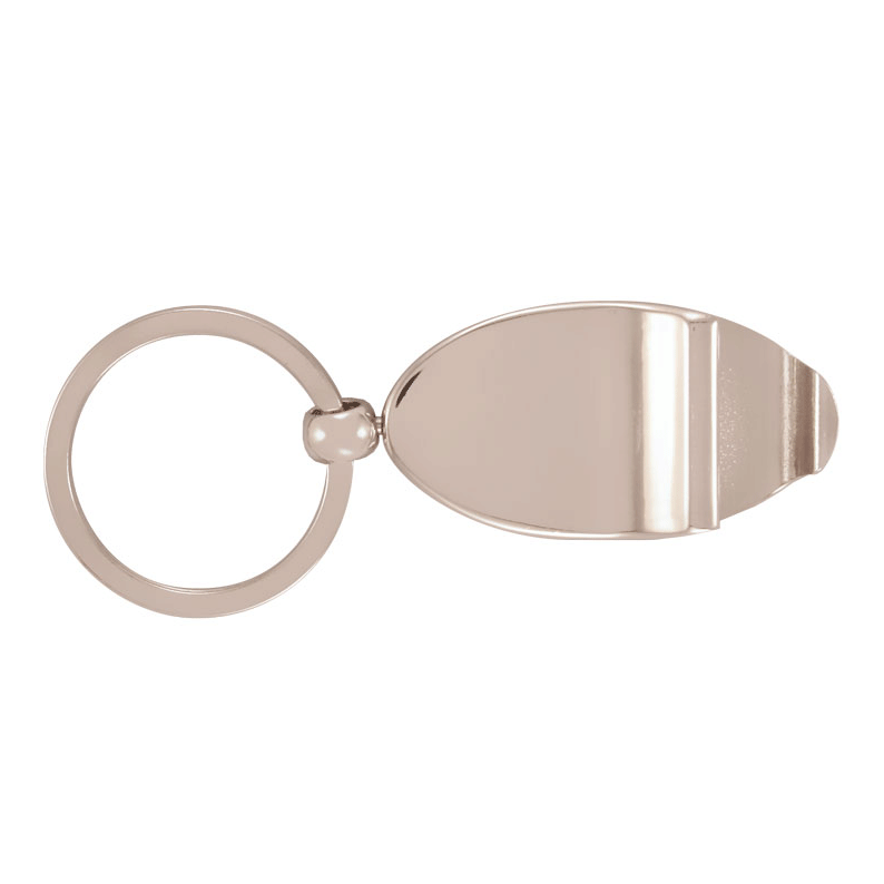 A drink bottle opener in silver with a ring attachment for easy carrying and a smooth finish.