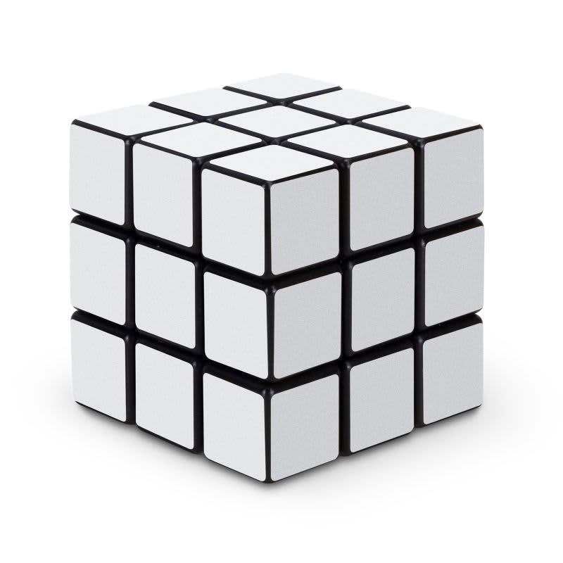 A puzzle cube with a black base and white panels, featuring a grid pattern of smaller squares. It has a branding logo.