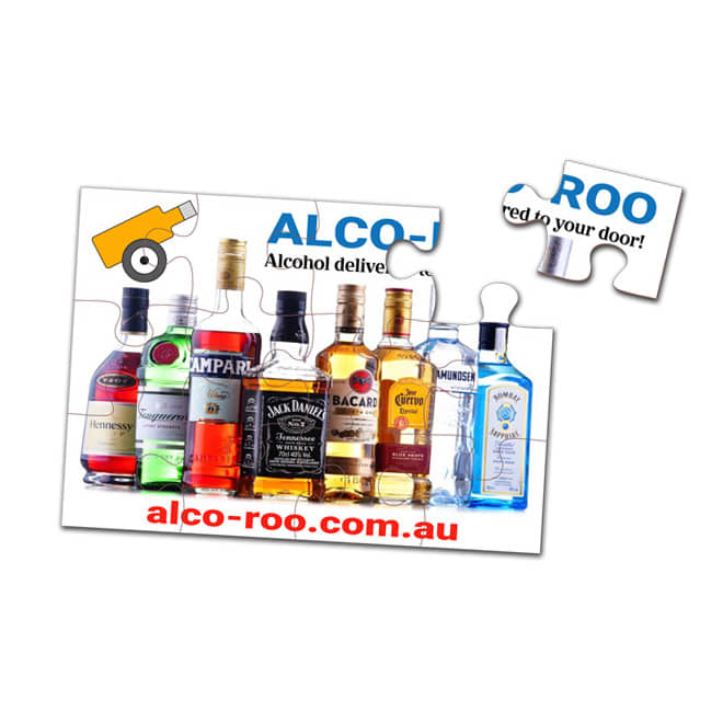 A jigsaw puzzle featuring various alcohol bottles in vibrant colours, with a logo and a single puzzle piece detached.