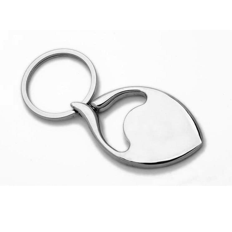 A silver metal keyring featuring a sleek, leaf-shaped design with a circular attachment.