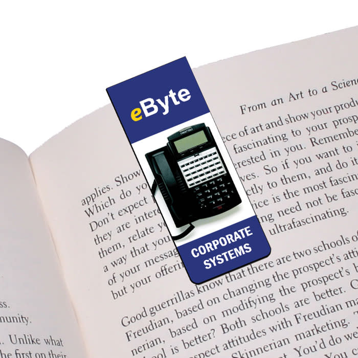A magnetic bookmark designed with a blue and white theme, featuring an image of a phone and a logo.