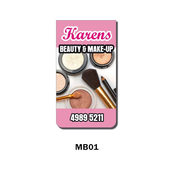 A collection of makeup products, including powders and brushes, on a pink background featuring a logo.