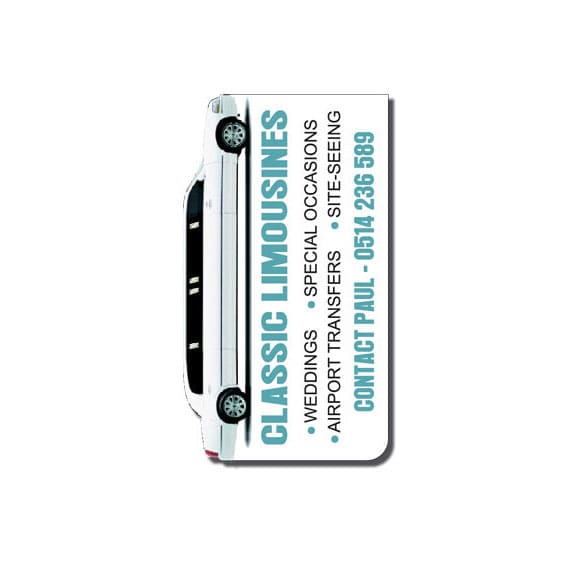 A white limousine graphic with text for a limousine service, including contact details and various services offered.