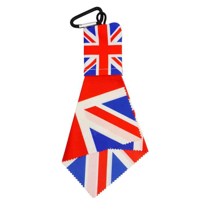 A microfibre cloth keyring in red, white, and blue with a carabiner, featuring a Union Jack design.