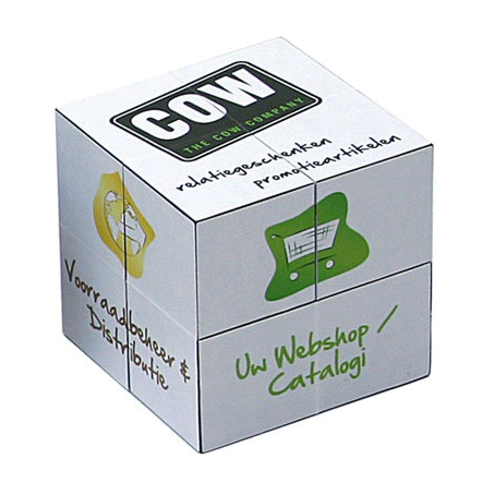 A mini cube in white with graphics, featuring a logo, and sections for promotional content.