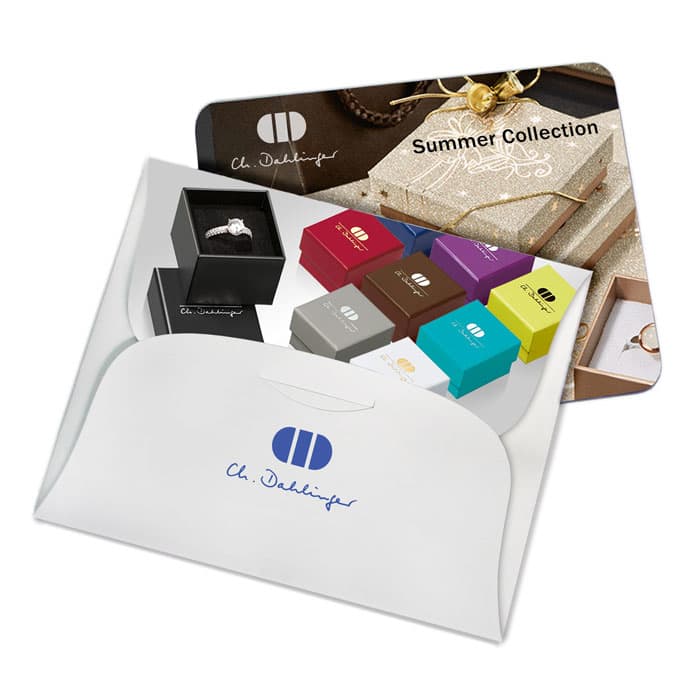 A mousemat presentation folder featuring a colourful design and a logo, with a white and vibrant colour scheme.