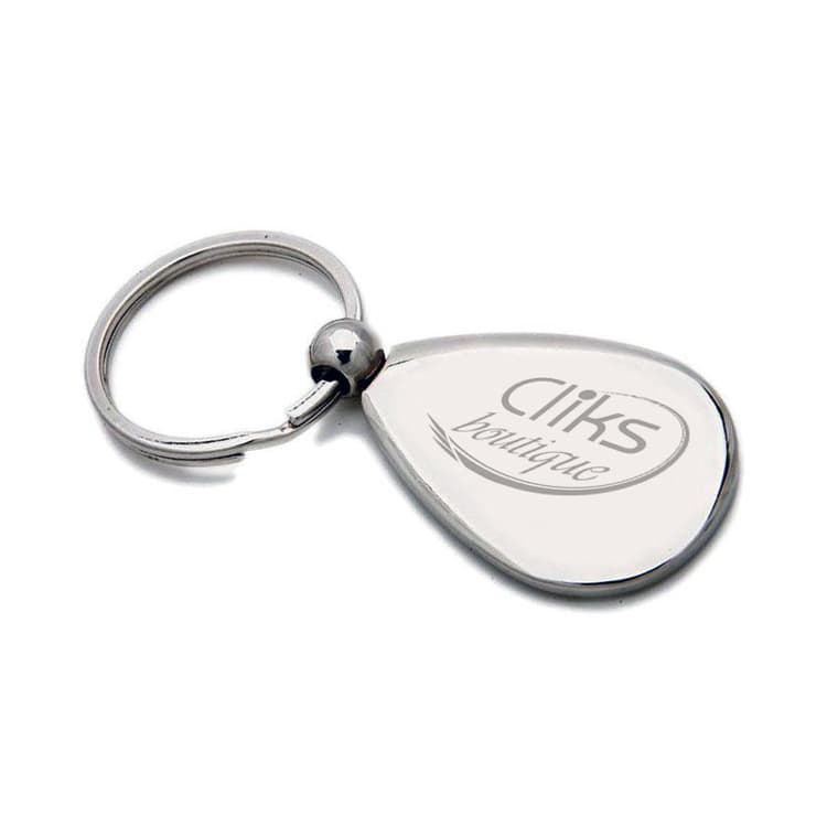A metallic silver keyring in a teardrop shape with a circular attachment loop and a logo.