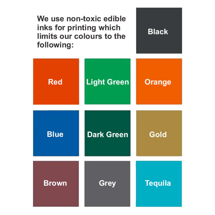 A swatch of colours including black, red, light green, orange, blue, dark green, gold, brown, grey, and tequila.