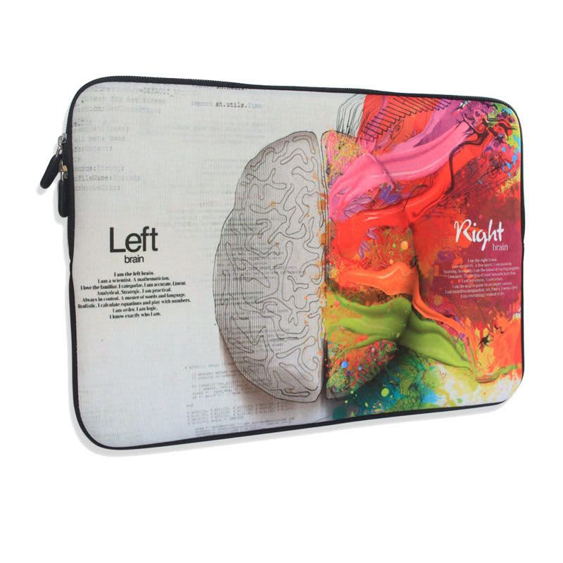 A colourful neoprene laptop sleeve featuring a graphic of the human brain divided into left and right sections.