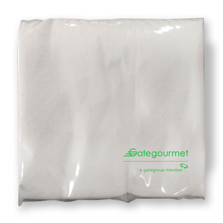 White paper napkins packaged in clear plastic, featuring a logo.